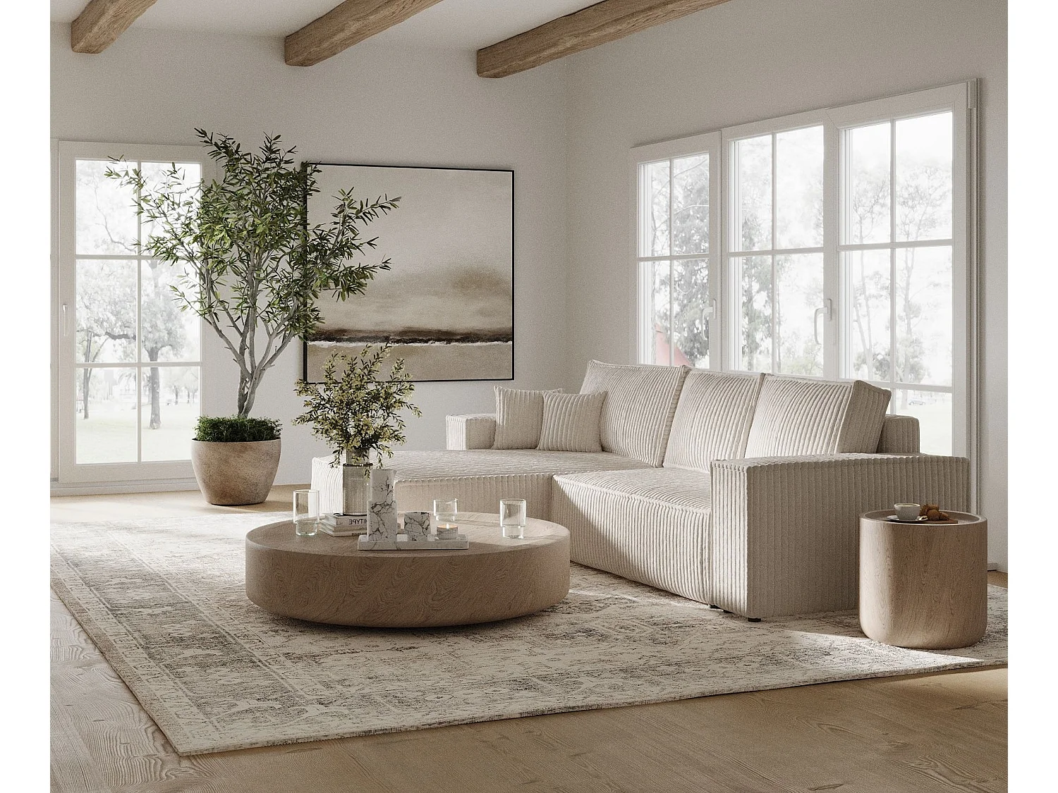 Canapé d'angle gauche 5 places en tissu en peluche creme MAZE