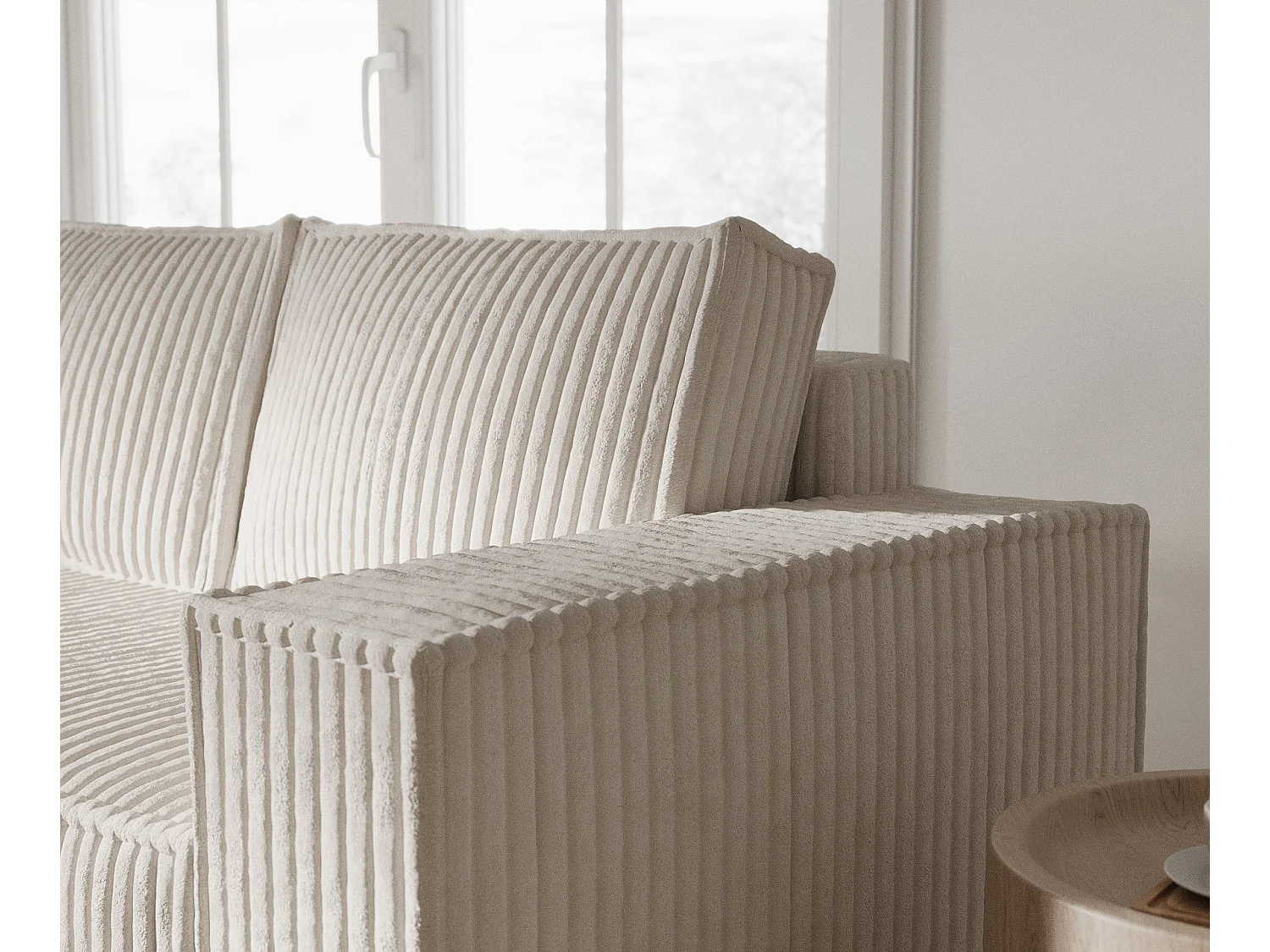 Canapé d'angle gauche 5 places en tissu en peluche creme MAZE