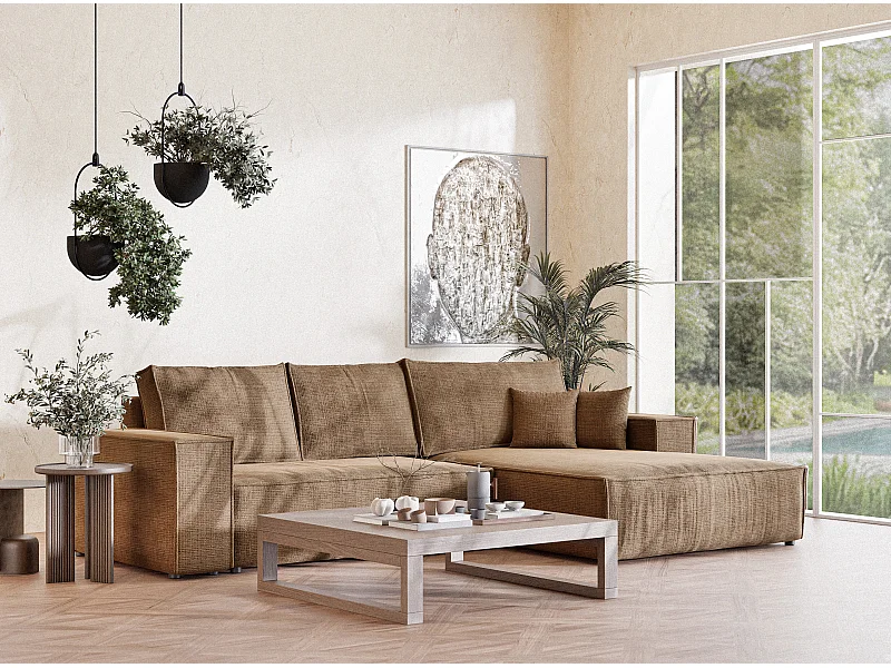 Canapé d'angle droit convertible en tissu chenille brun clair MAZE