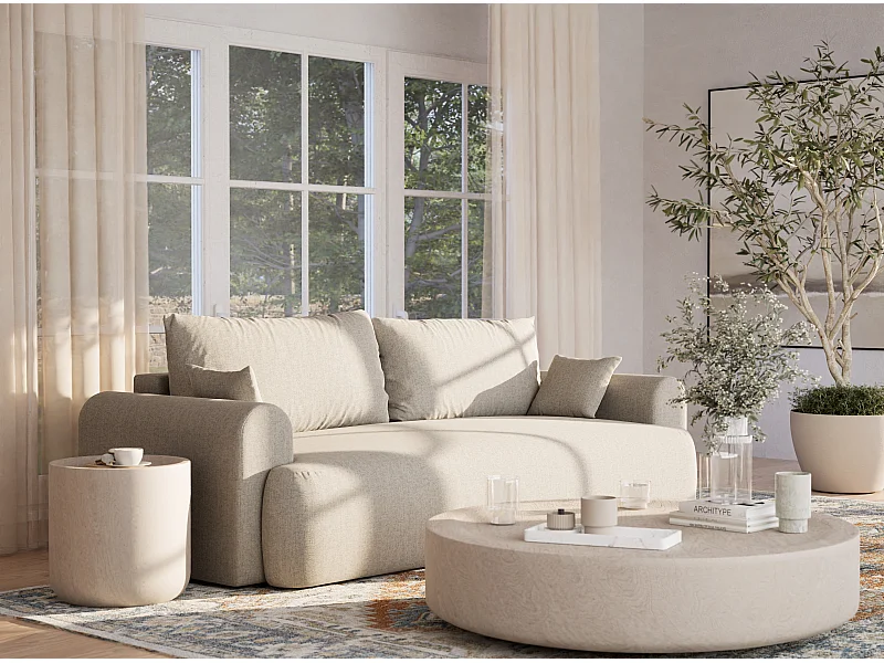 Canapé 3 places convertible en tissu tressé beige TOLUCA