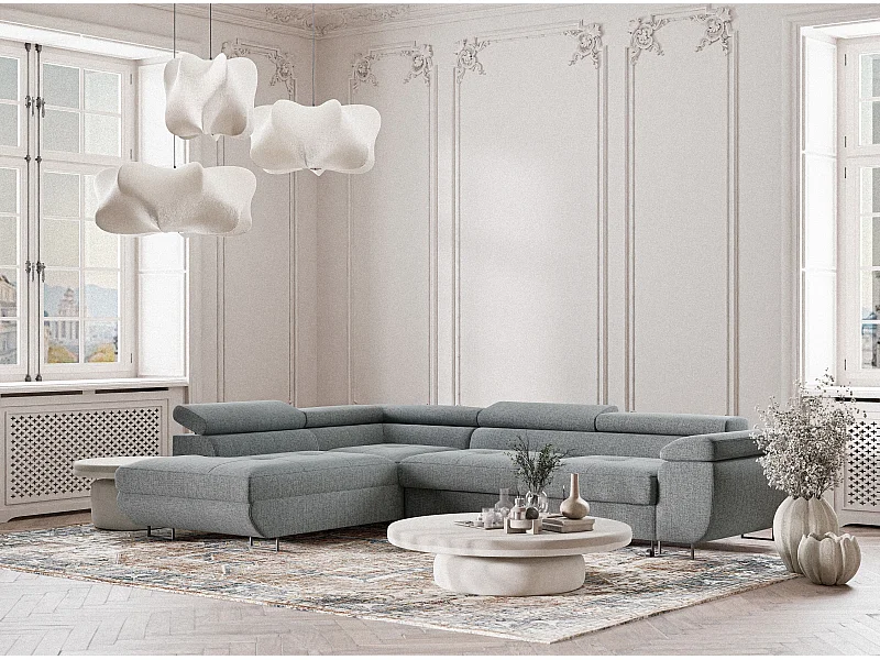 Canapé d'angle gauche convertible en tissu tressé bleu gris CONCORD