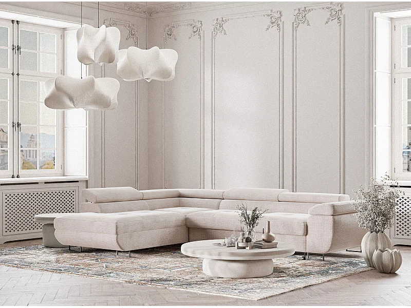 Canapé d'angle gauche convertible en tissu chenille creme CONCORD