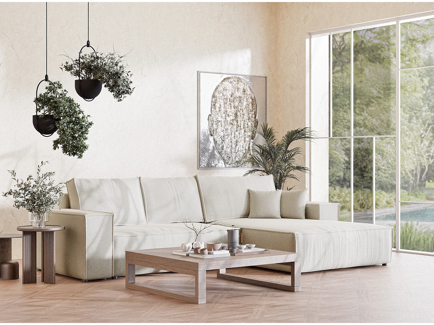 Narożnik prawostronny 5-osobowy rozkładany w tkaninie plecionej - jasnobeżowy - MAZE