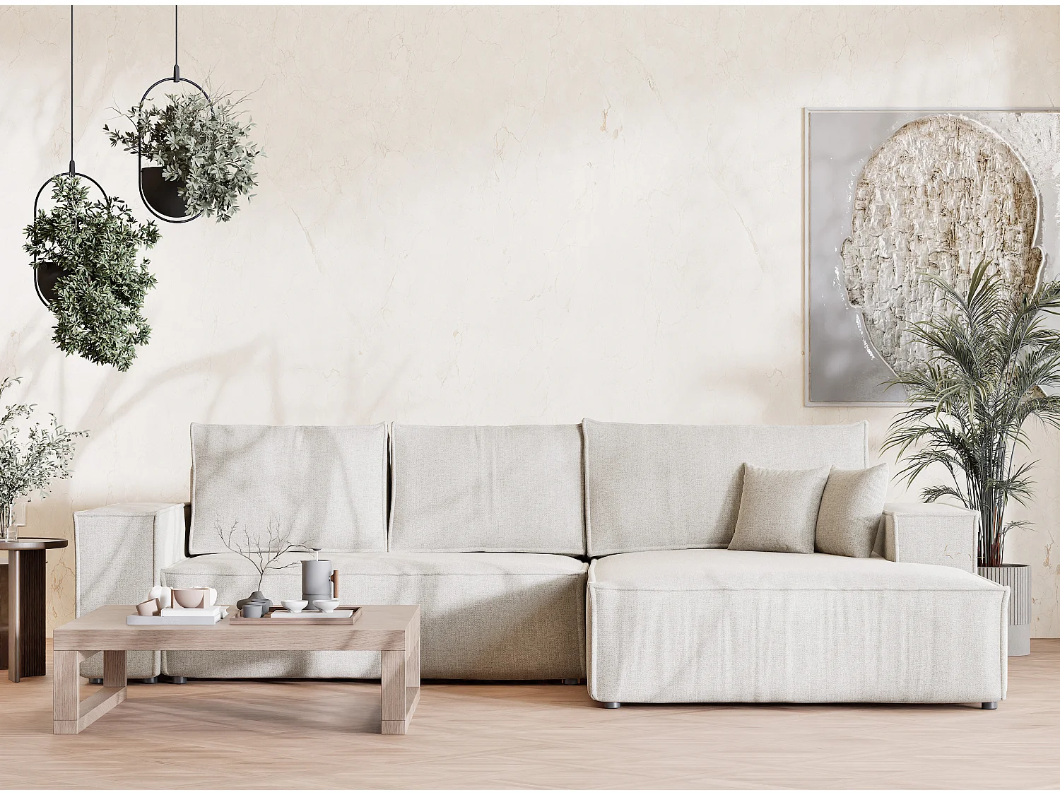 Narożnik prawostronny 5-osobowy rozkładany w tkaninie plecionej - jasnobeżowy - MAZE