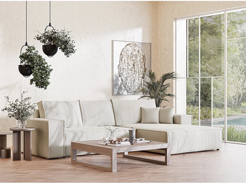 Canapé d'angle droit convertible en tissu tressé beige clair MAZE