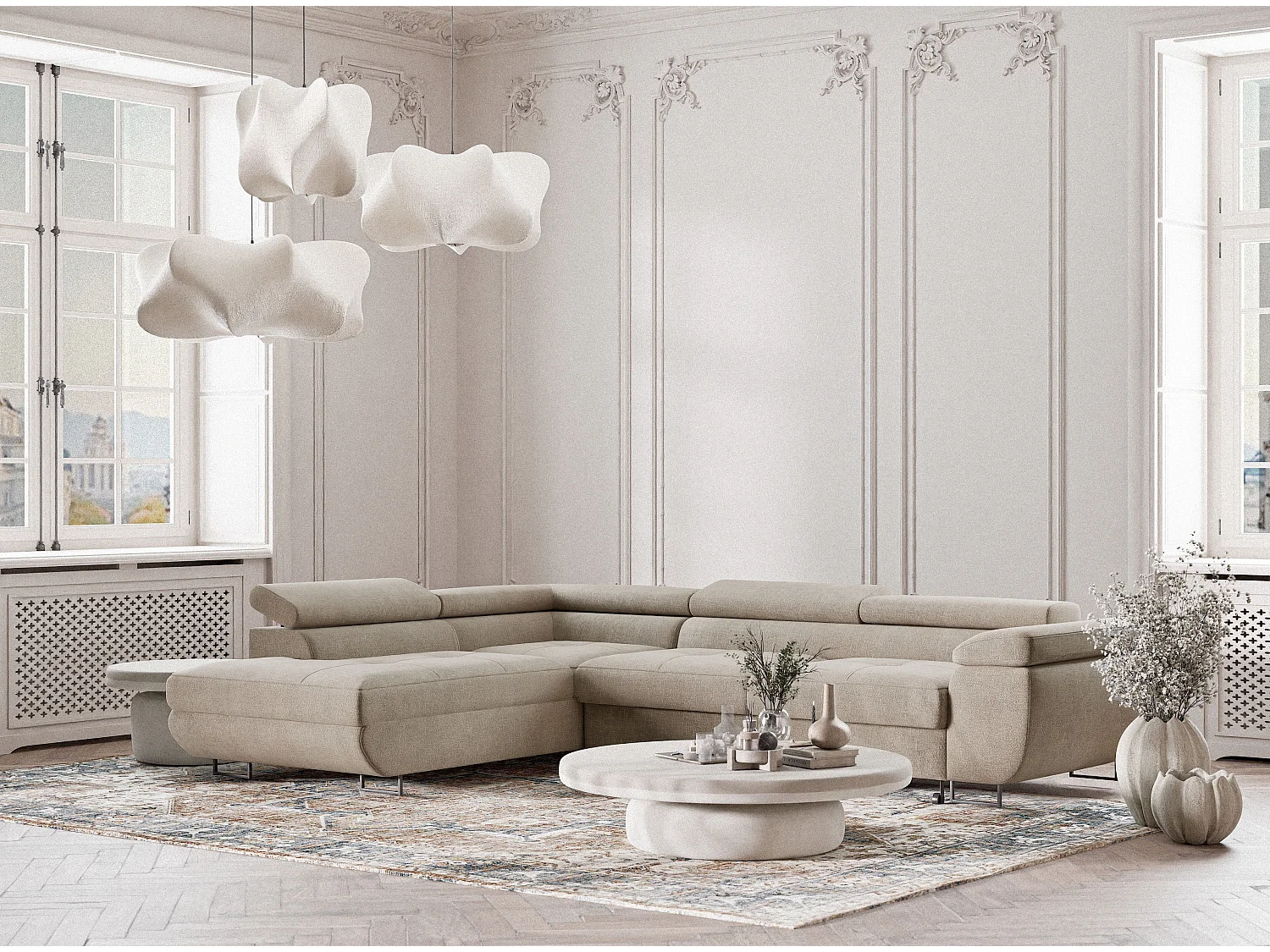 Hoekbank 4-zits met hoek links - van chenille stof - beige - CONCORD