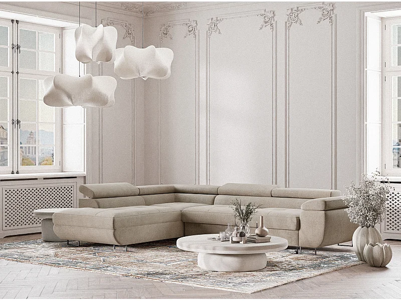 Canapé d'angle gauche convertible en tissu chenille beige CONCORD