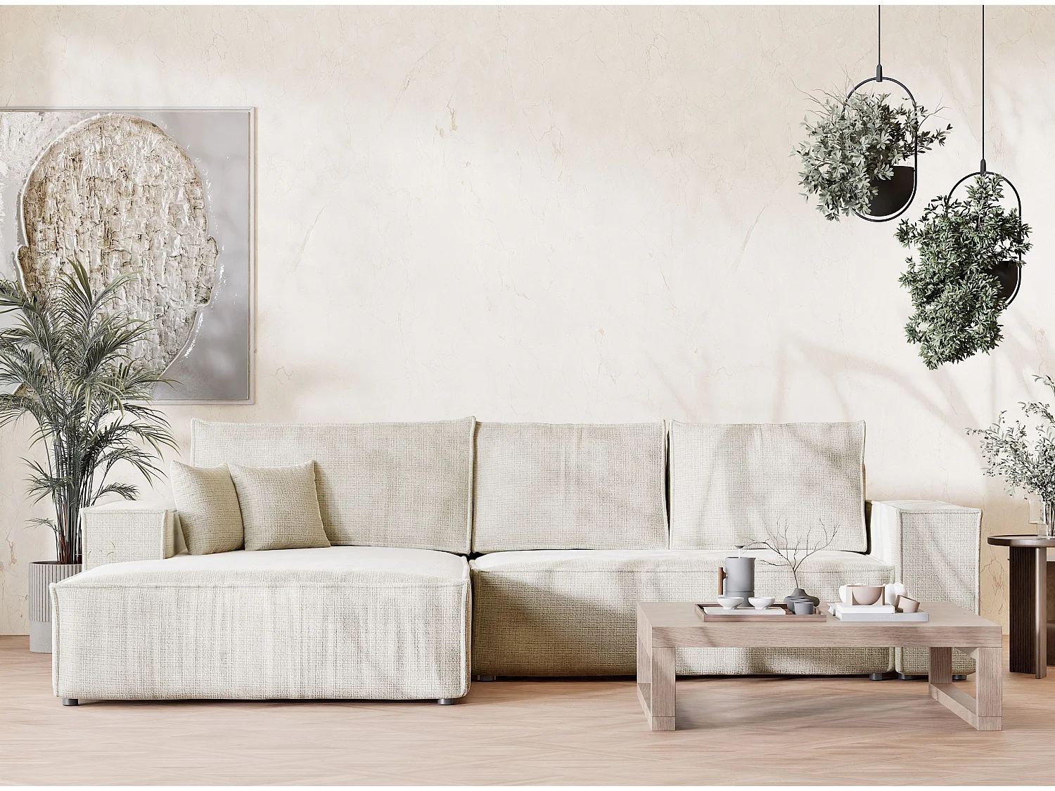 Narożnik lewostronny 5-osobowy rozkładany w tkaninie szenilowej - beżowoszary - MAZE