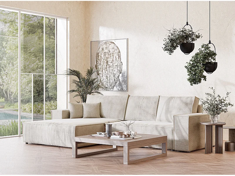 Canapé d'angle gauche convertible en tissu chenille beige gris MAZE