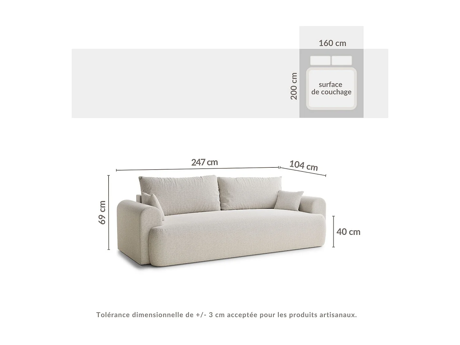 Canapé 3 places convertible en tissu tressé beige gris TOLUCA