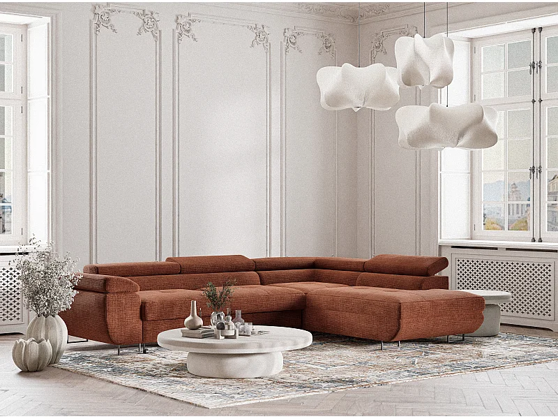 Canapé d'angle droit convertible en tissu chenille cuivre CONCORD