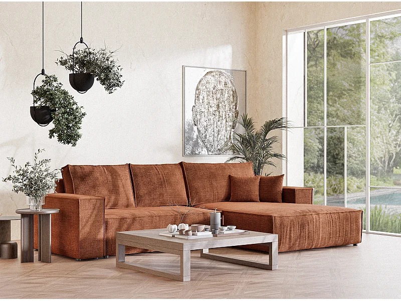 Canapé d'angle droit convertible en tissu chenille cuivre MAZE