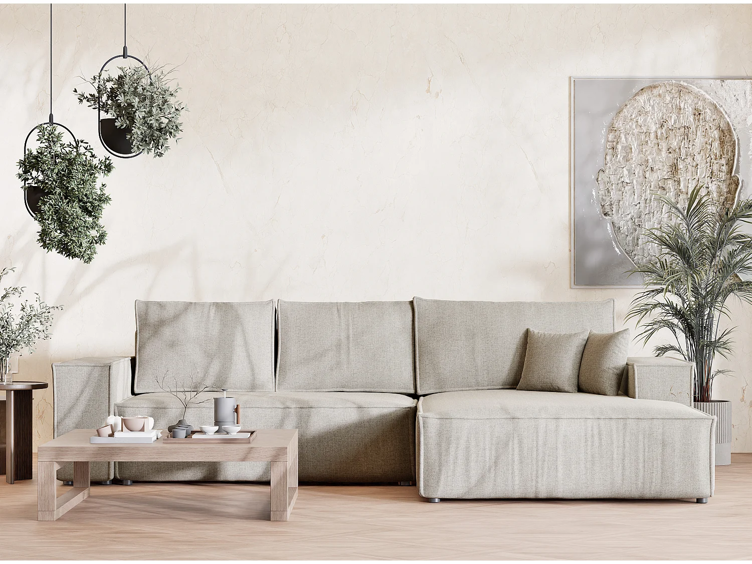 Narożnik prawostronny 5-osobowy rozkładany w tkaninie plecionej - beżowy - MAZE