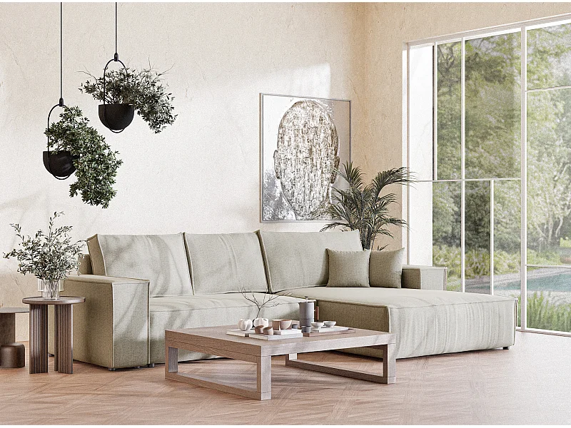 Canapé d'angle droit convertible en tissu tressé beige MAZE