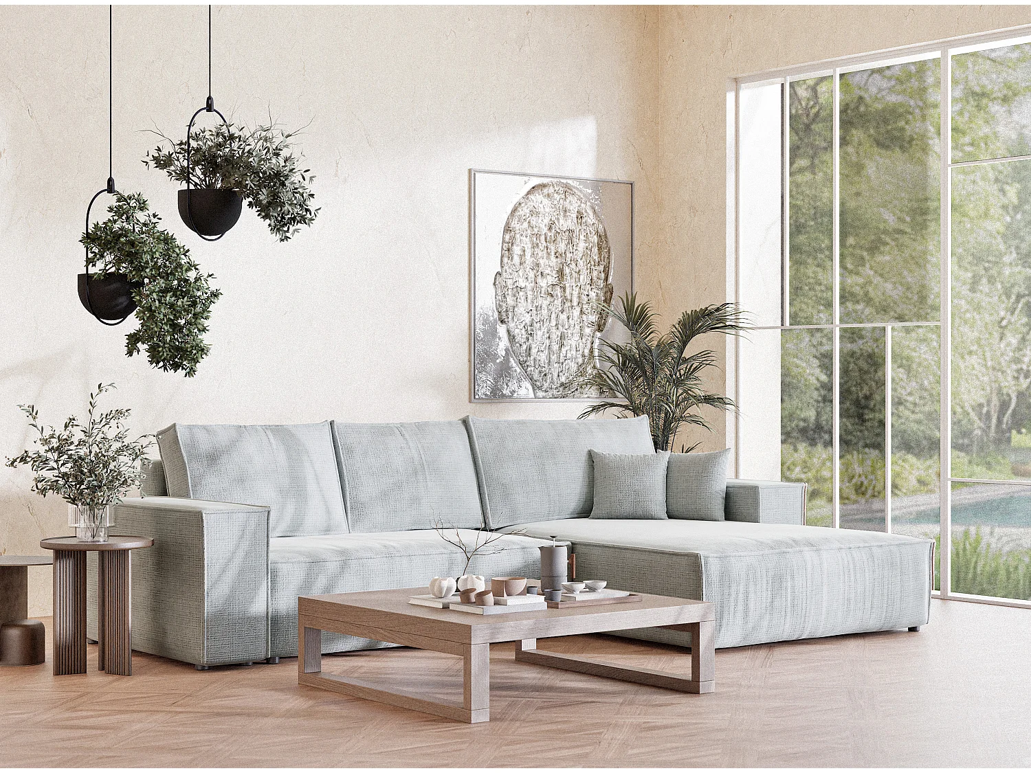 Narożnik prawostronny 5-osobowy rozkładany w tkaninie szenilowej - szary - MAZE