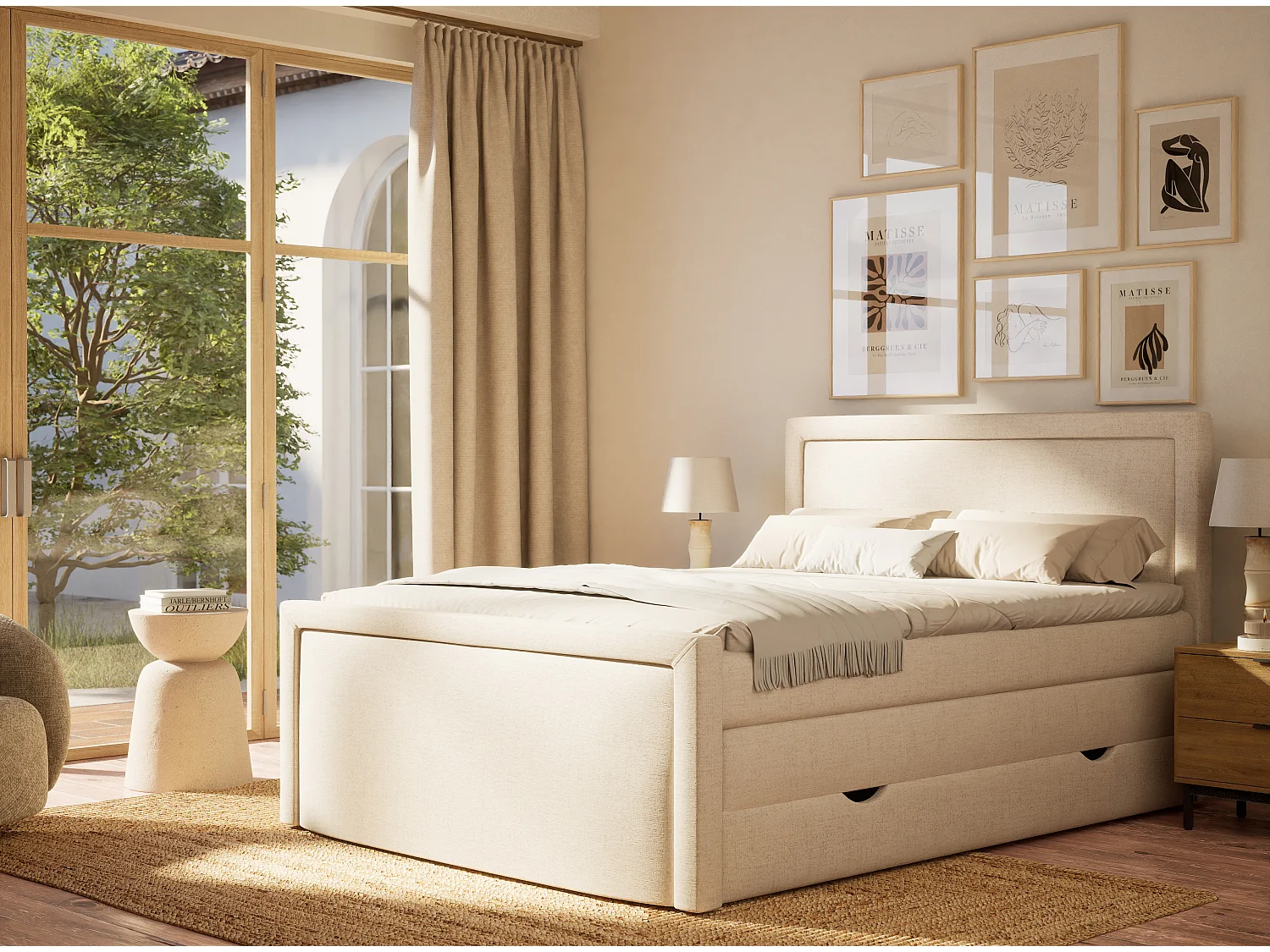 Boxspringbed met hoofdbord + matras + dekmatras - 160x200 cm - beige - FRESCO