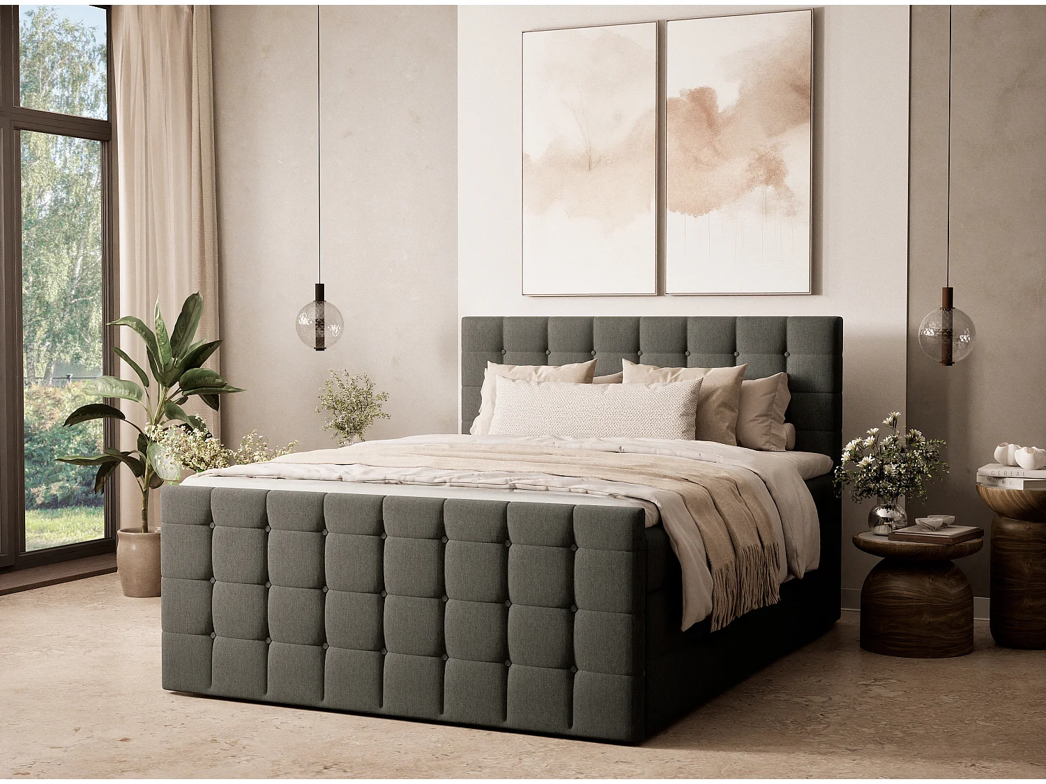 Boxspringbed met hoofdbord + matras + dekmatras - 140x200 cm - grafiet - TASCA