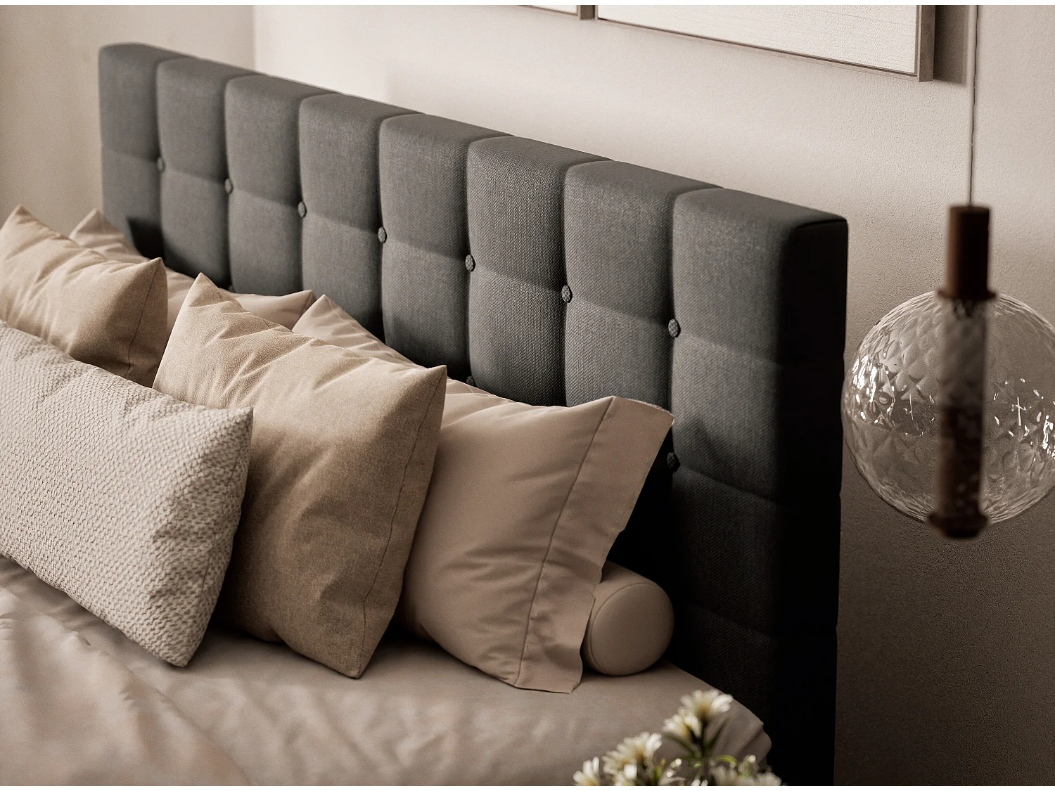 Boxspringbed met hoofdbord + matras + dekmatras - 140x200 cm - grafiet - TASCA