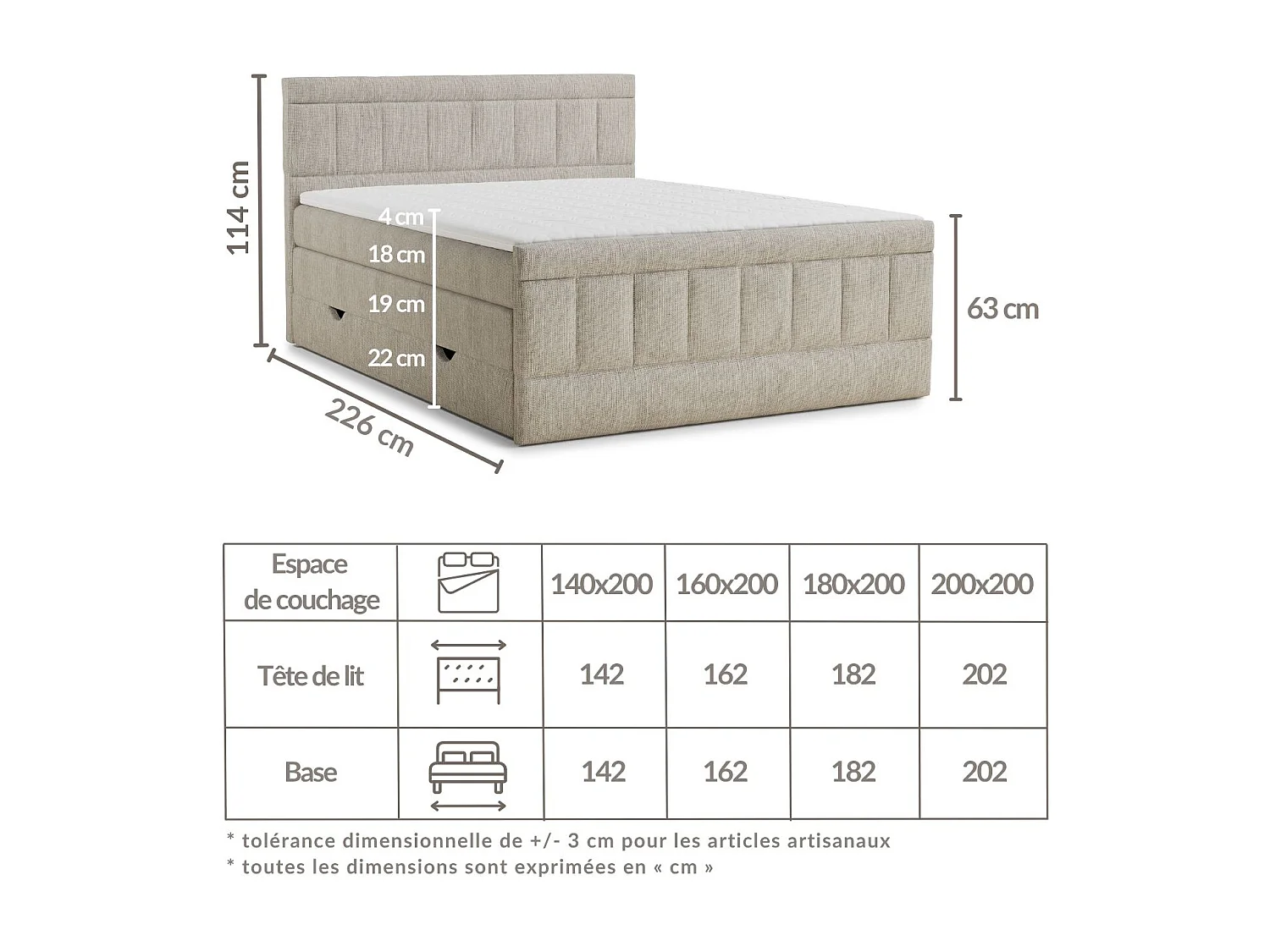 Boxspringbed met hoofdbord + matras + dekmatras - 140x200 cm - grafiet - CAYA