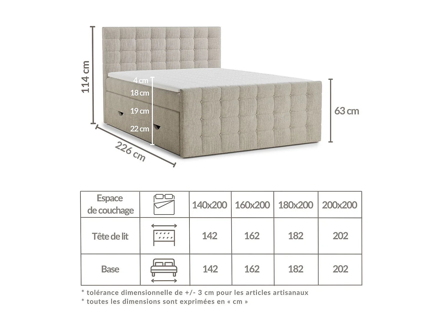 Boxspringbed met hoofdbord + matras + dekmatras - 180x200 cm - beige - TASCA