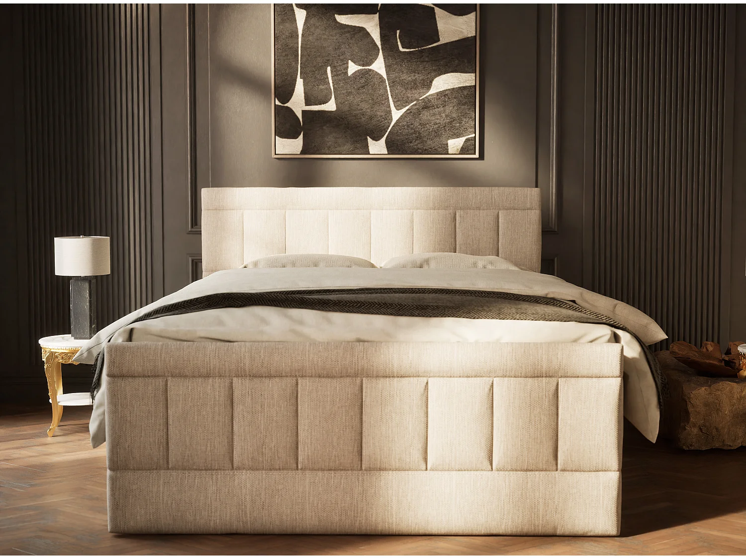 Boxspringbed met hoofdbord + matras + dekmatras - 160x200 cm - beige - CAYA