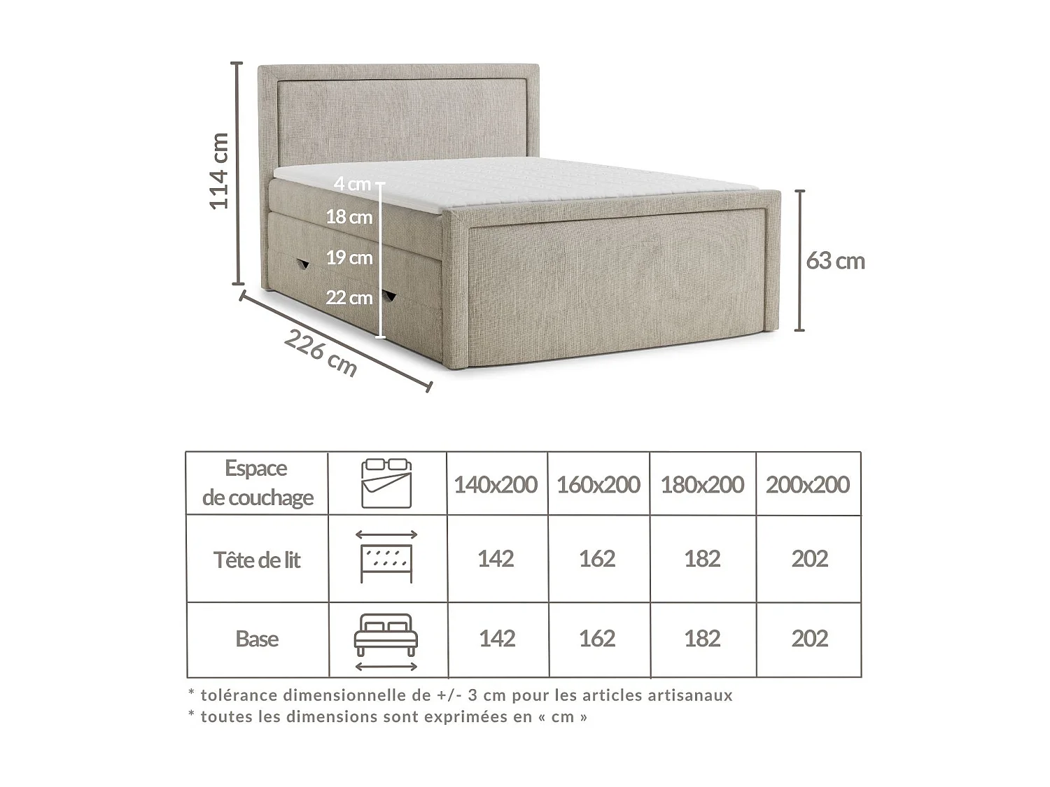 Boxspringbed met hoofdbord + matras + dekmatras - 180x200 cm - grijs - FRESCO