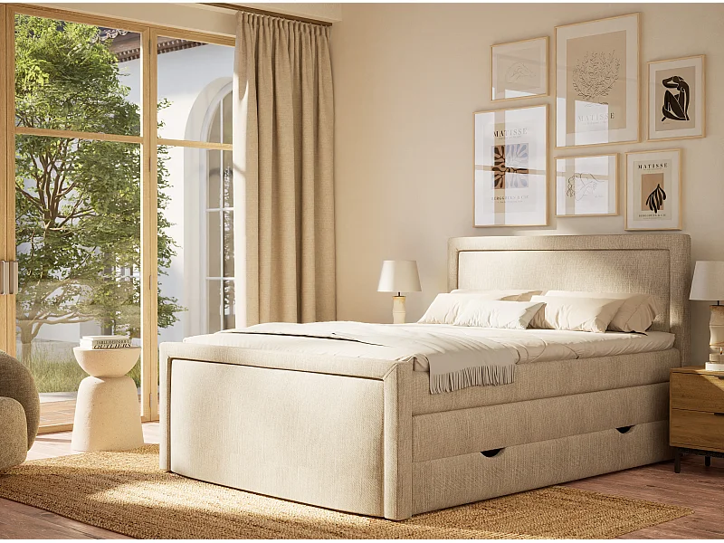 Lit boxspring avec rangement FRESCO - matelas - surmatelas - 160x200 cm - beige