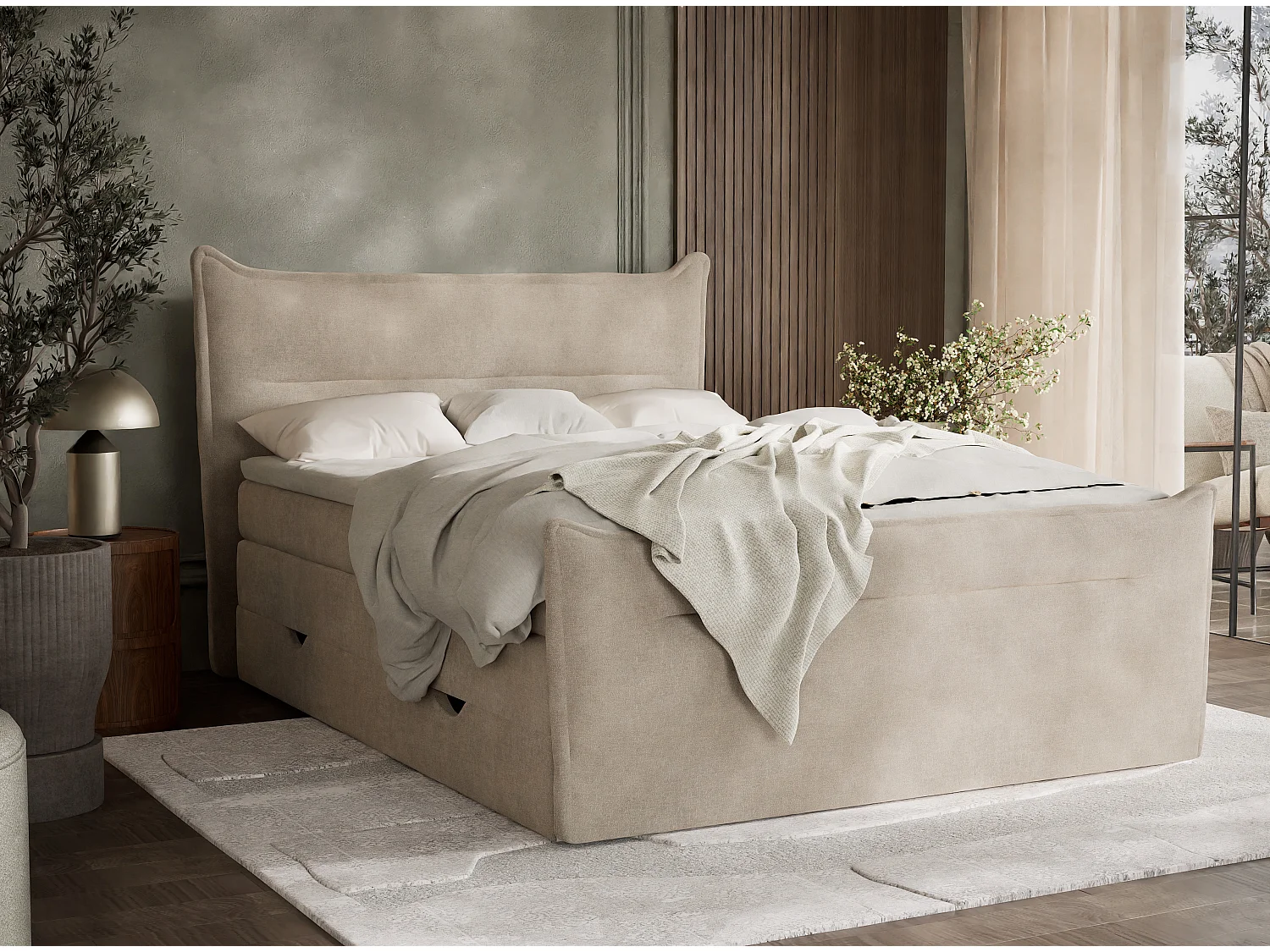 Boxspringbed met hoofdbord + matras + dekmatras - 160x200 cm - beige - PELINO