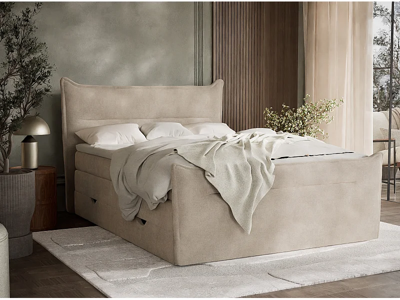 Lit boxspring avec rangement PELINO - matelas - surmatelas - 160x200 cm - beige