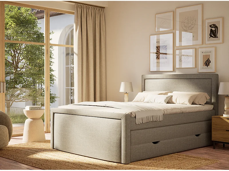 Lit boxspring avec rangement FRESCO - matelas - surmatelas - 200x200 cm - gris