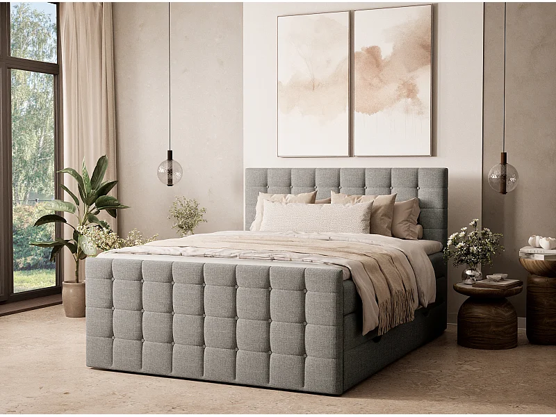 Lit boxspring avec rangement TASCA - matelas - surmatelas - 200x200 cm - gris