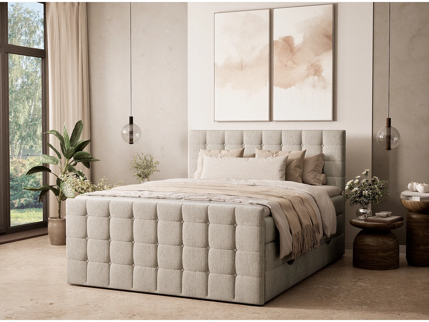 Boxspringbed met hoofdbord + matras + dekmatras - 140x200 cm - beige - TASCA