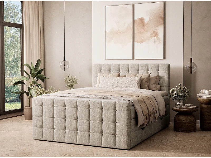 Boxspringbed met hoofdbord + matras + dekmatras - 140x200 cm - beige - TASCA