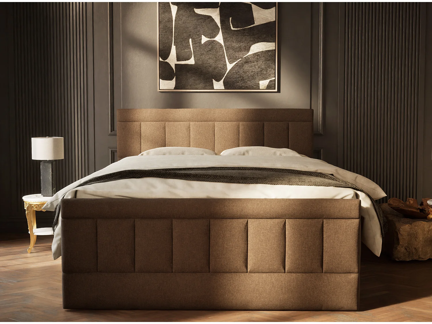 Boxspringbed met hoofdbord + matras + dekmatras - 160x200 cm - bruin - CAYA