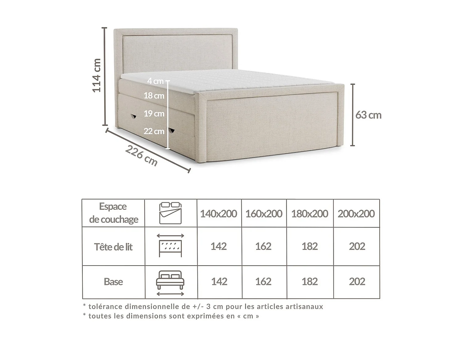 Boxspringbed met hoofdbord + matras + dekmatras - 160x200 cm - lichtbruin - FRESCO