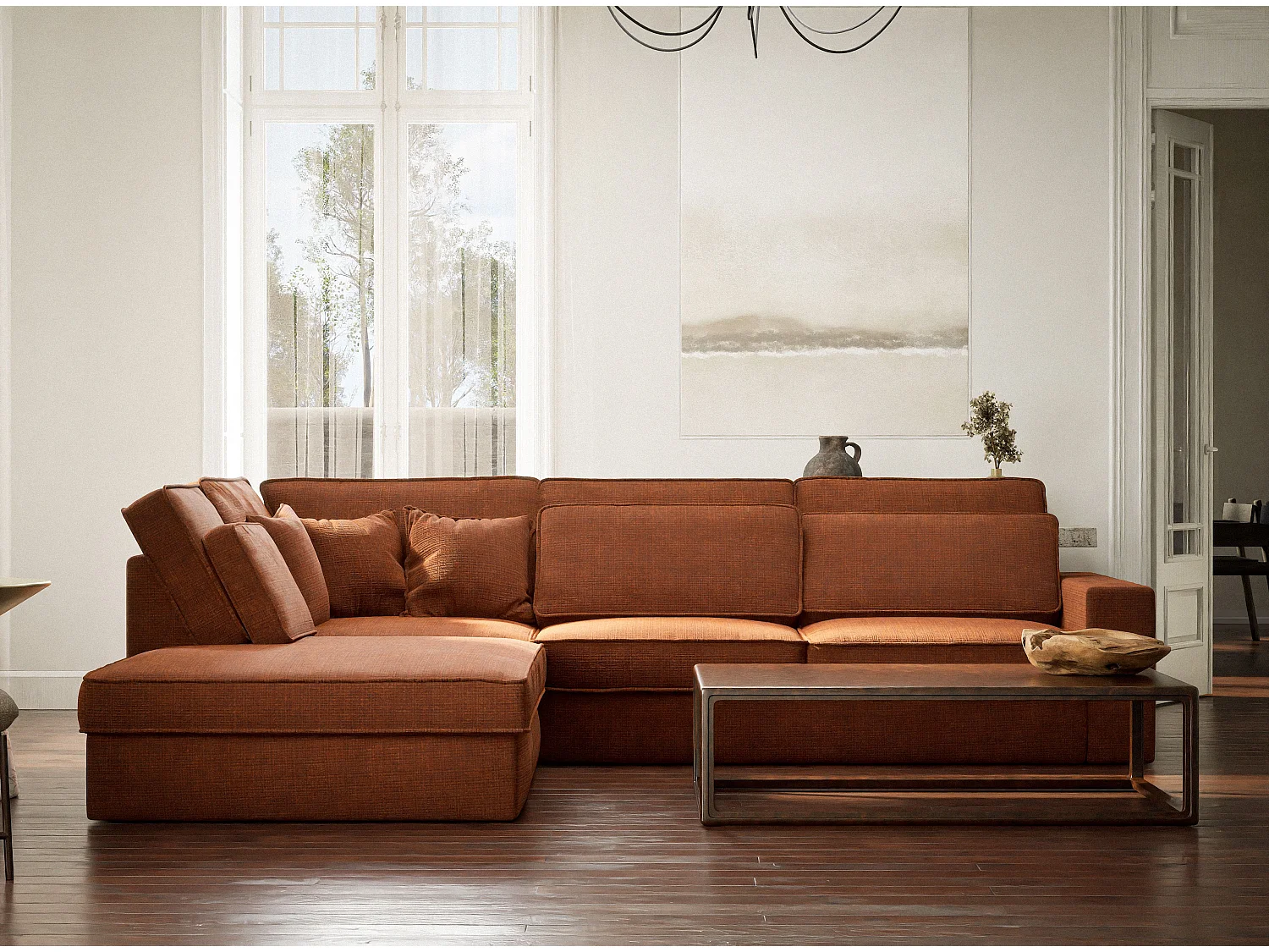 Canapé d'angle gauche 5 places en tissu chenille cuivre KIROU