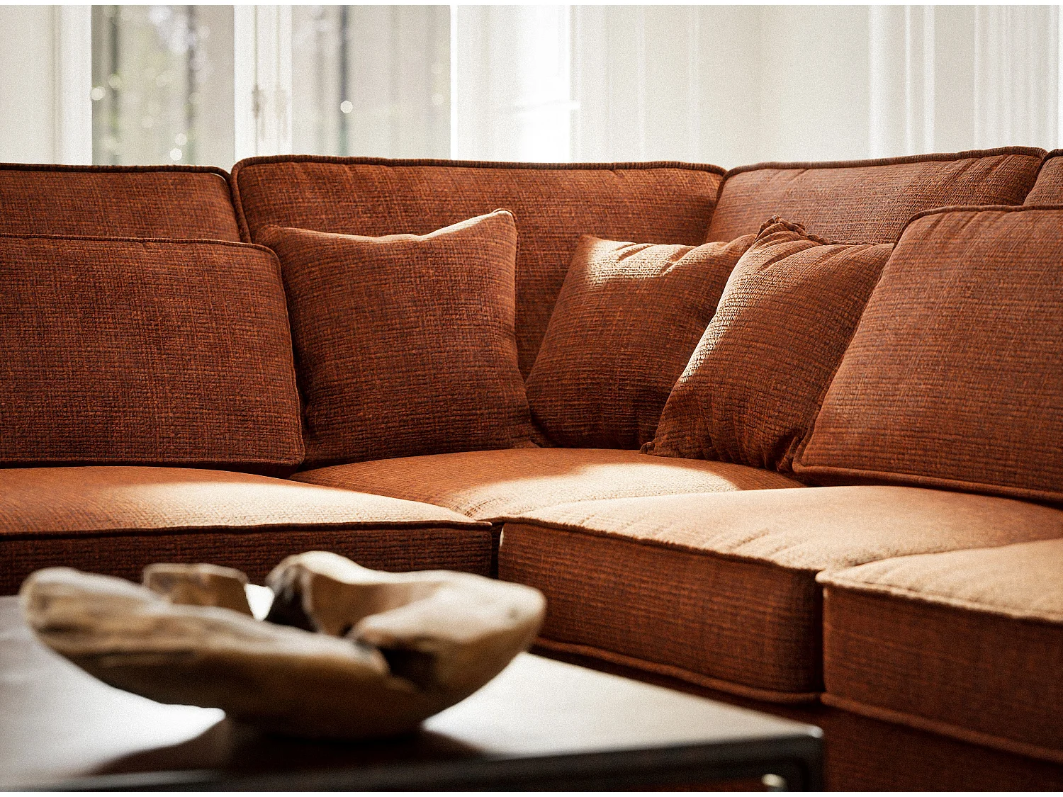 Canapé d'angle gauche 5 places en tissu chenille cuivre KIROU