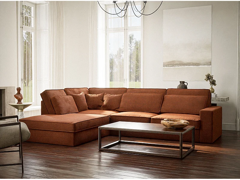 Kanapa narożna lewostronna 5-osobowa KIROU - szenilowa tkanina - miedziany