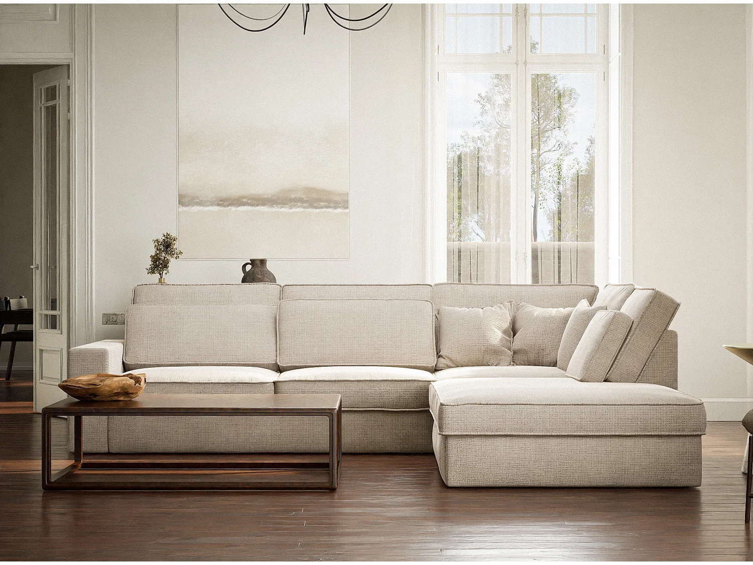 Kanapa narożna prawostronna 5-osobowa KIROU - szenilowa tkanina - kremowy