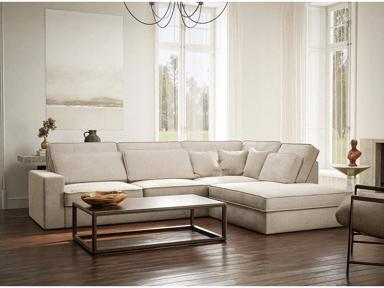 Canapé d'angle droit 5 places en tissu chenille creme KIROU