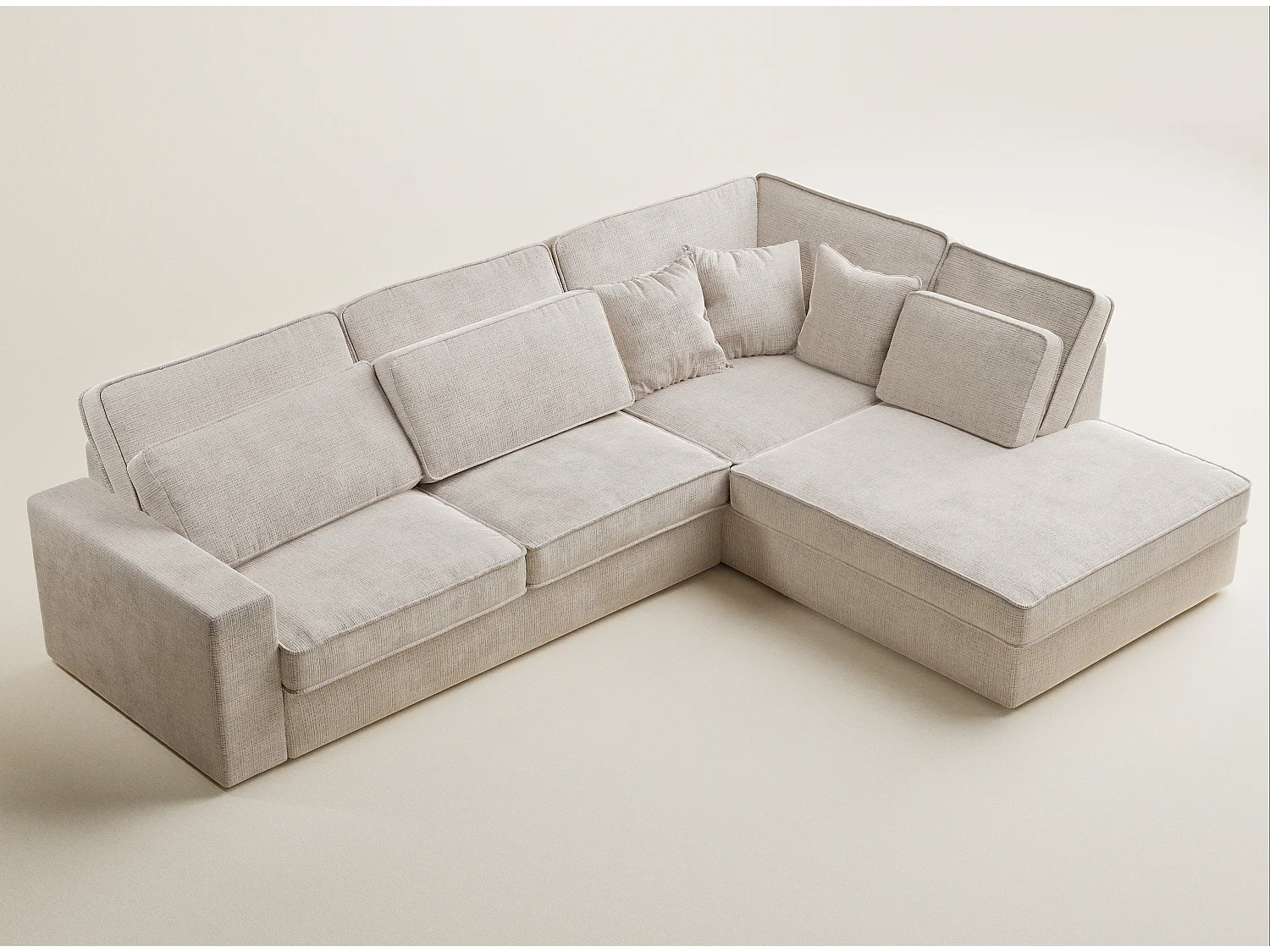 Canapé d'angle droit 5 places en tissu chenille creme KIROU