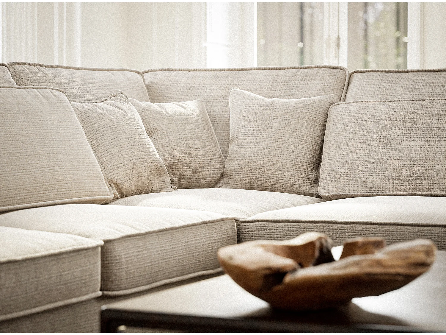 Canapé d'angle droit 5 places en tissu chenille creme KIROU