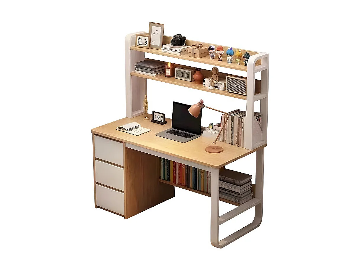Escritorio con Múltiples estantes y Cajones-MDF en Color Natural-blanco 120x50x144cm