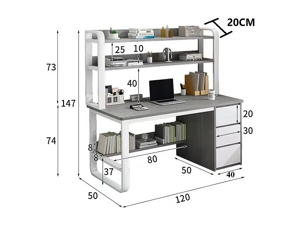 Escritorio con Múltiples estantes y Cajones-MDF en Color Natural-blanco 120x50x144cm