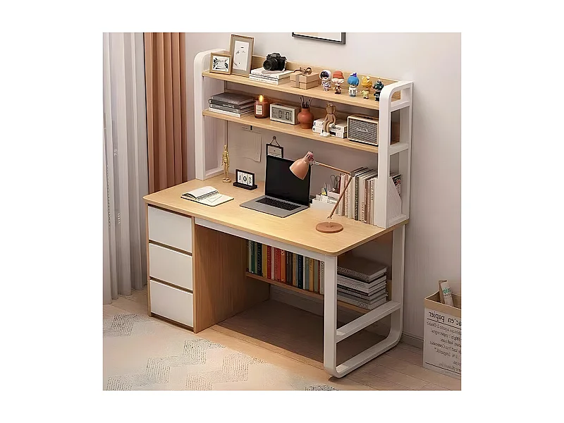 Escritorio con Múltiples estantes y Cajones-MDF en Color Natural-blanco 120x50x144cm
