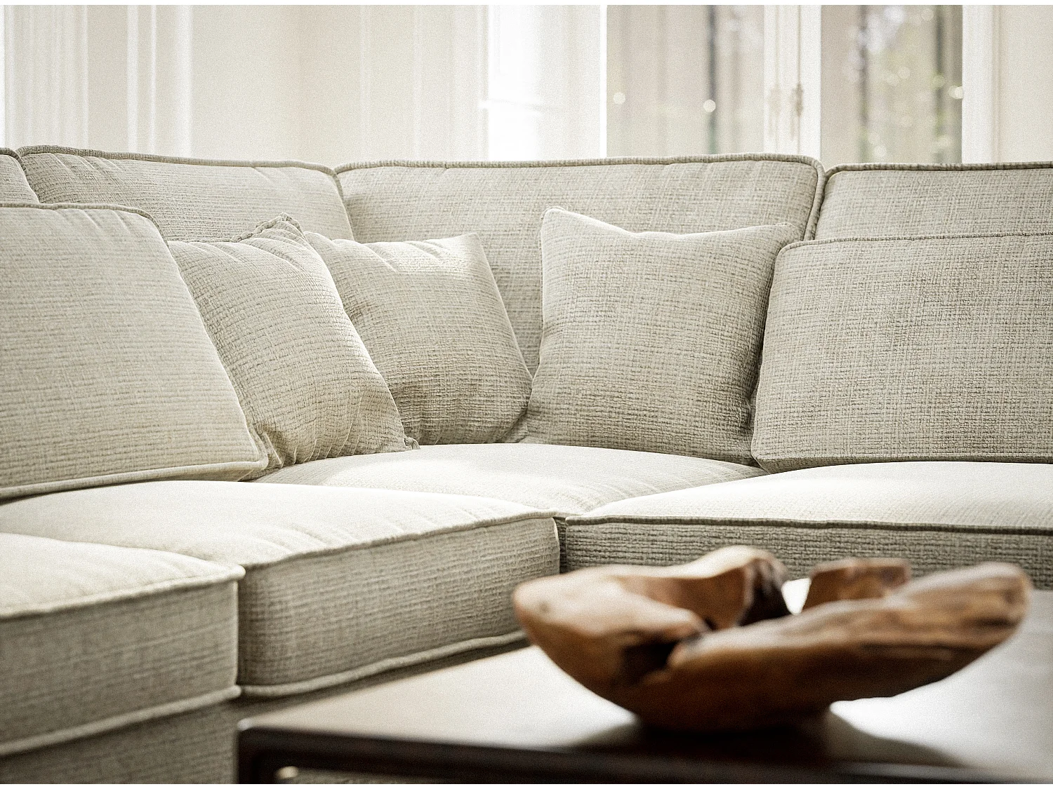 Kanapa narożna prawostronna 5-osobowa KIROU - szenilowa tkanina - beżowoszary