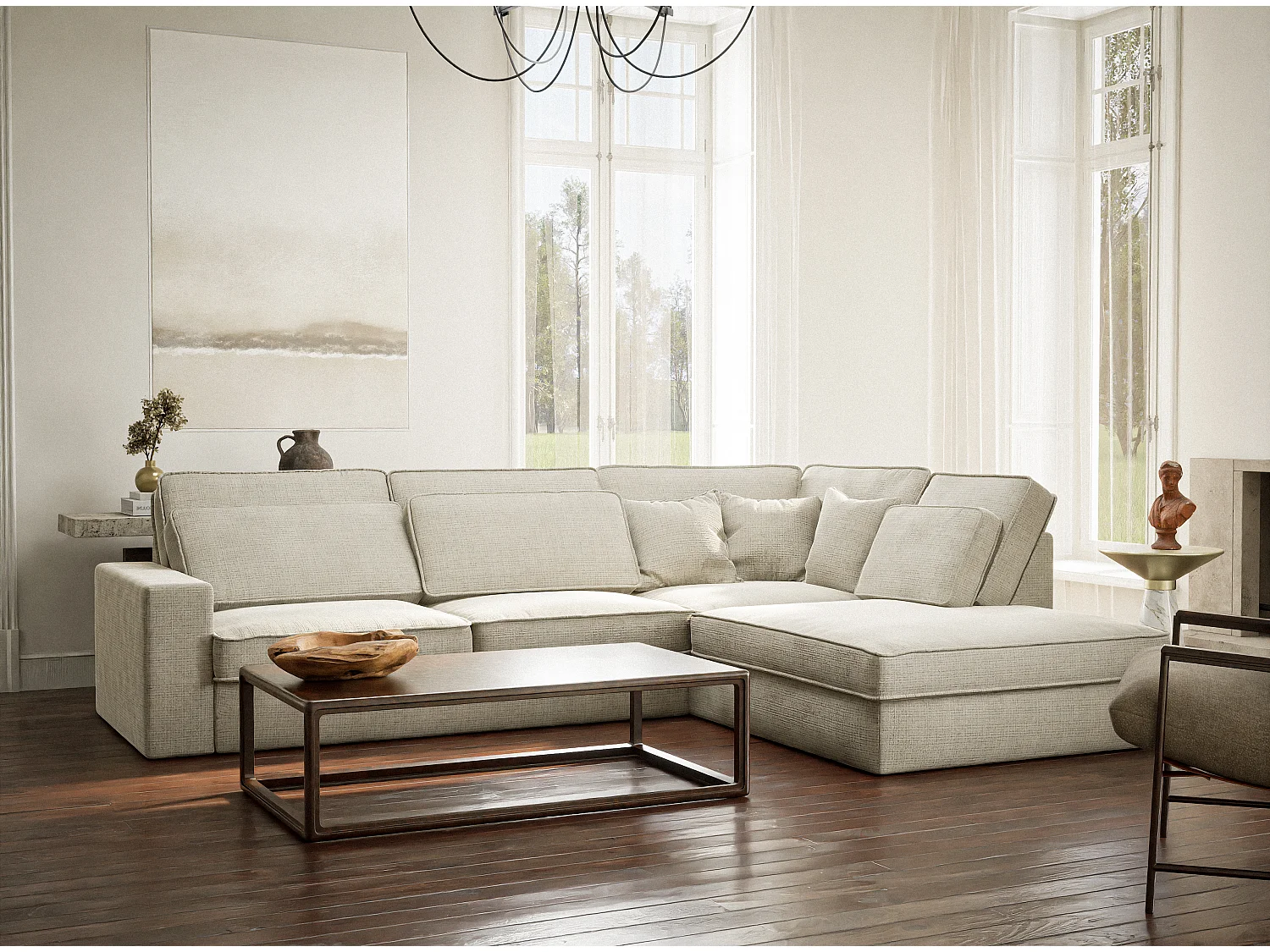 Canapé d'angle droit 5 places en tissu chenille beige gris KIROU