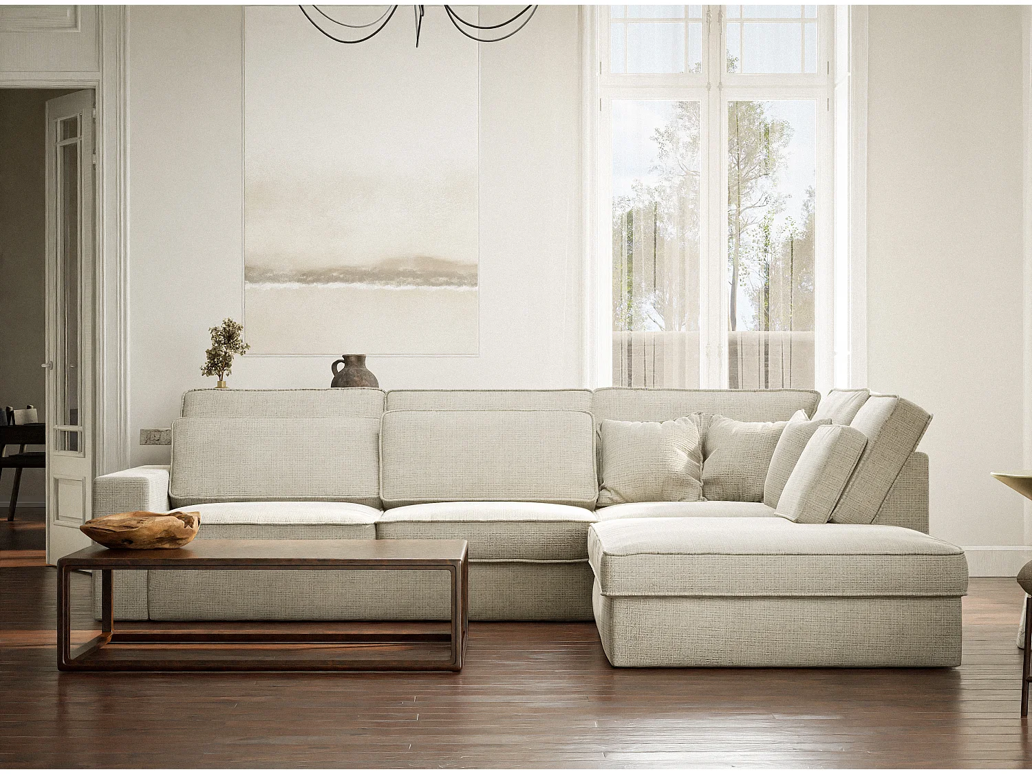 Canapé d'angle droit 5 places en tissu chenille beige gris KIROU