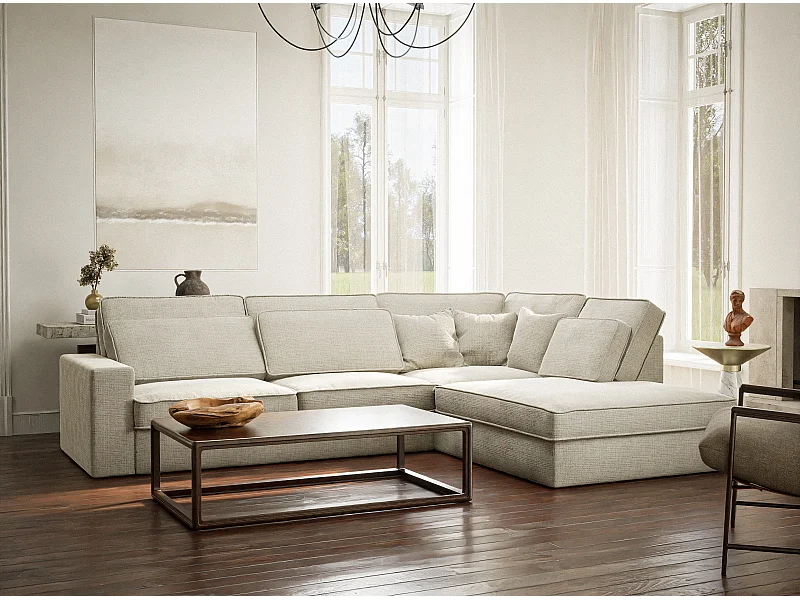 Kanapa narożna prawostronna 5-osobowa KIROU - szenilowa tkanina - beżowoszary