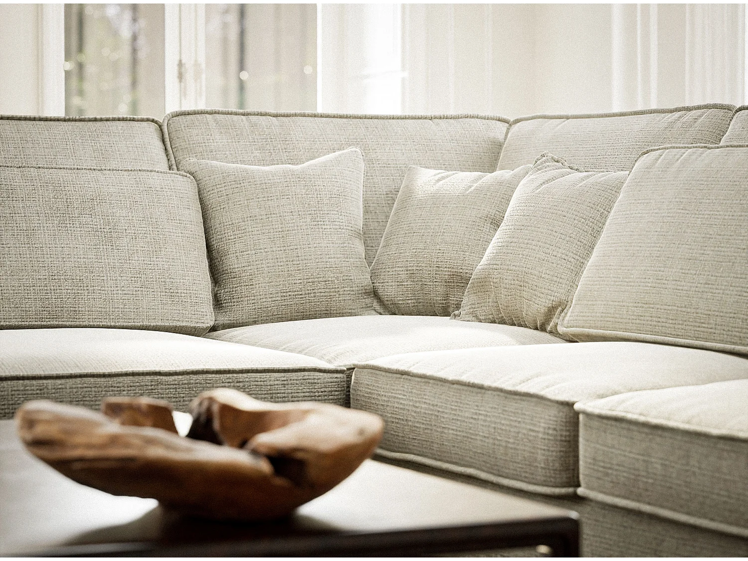 Canapé d'angle gauche 5 places en tissu chenille beige gris KIROU